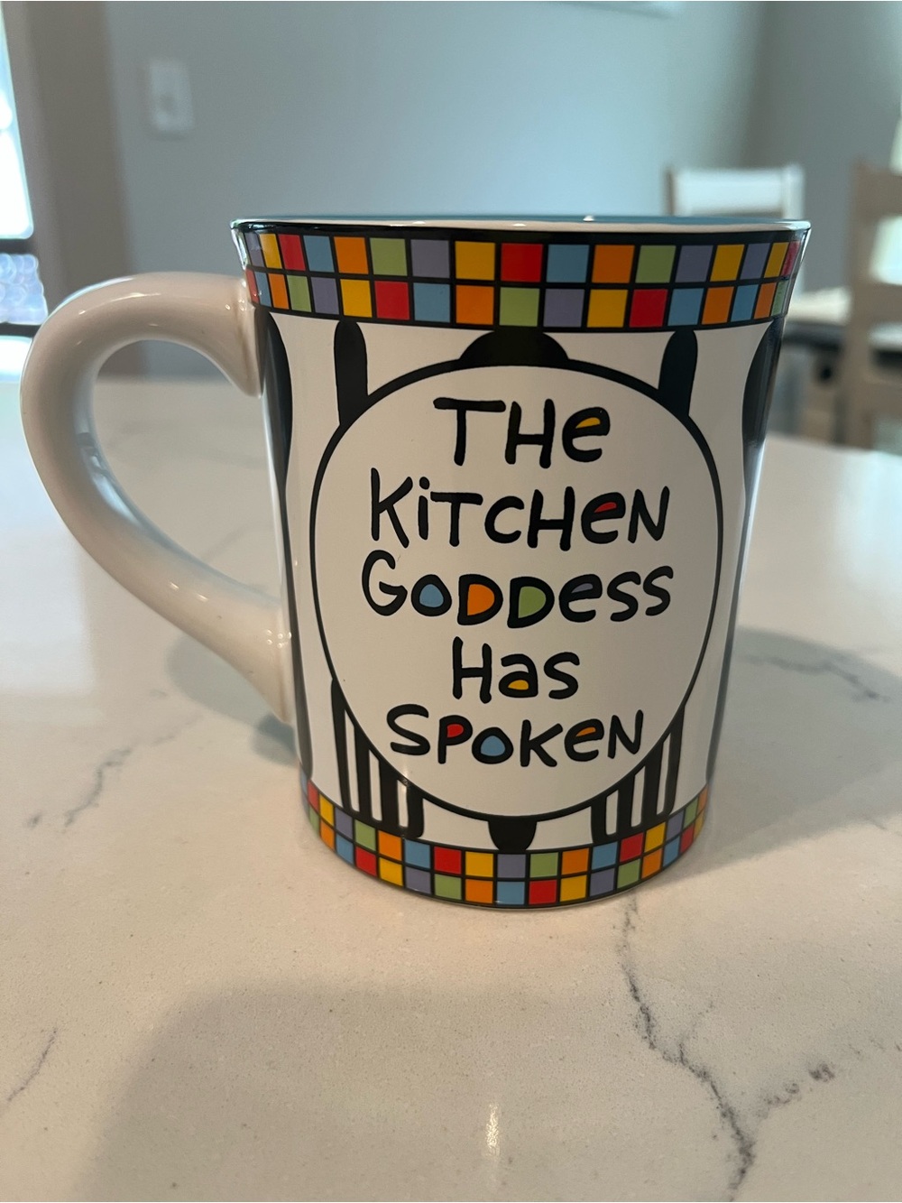 White Ceramic 'The Kitchen Goddess Has Spoken' Mug with Colorful Tile Accent